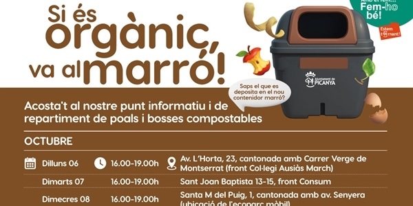 Des d'esta setmana també pots recollir, per la vesprada, el teu poal i les teues bosses compostables per a la separació de residus orgànics