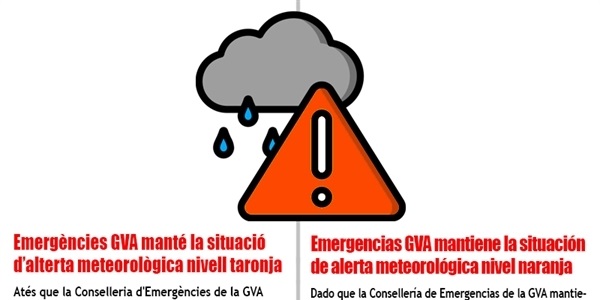 La Conselleria d'Emergències manté l'alerta meteorològica nivell taronja